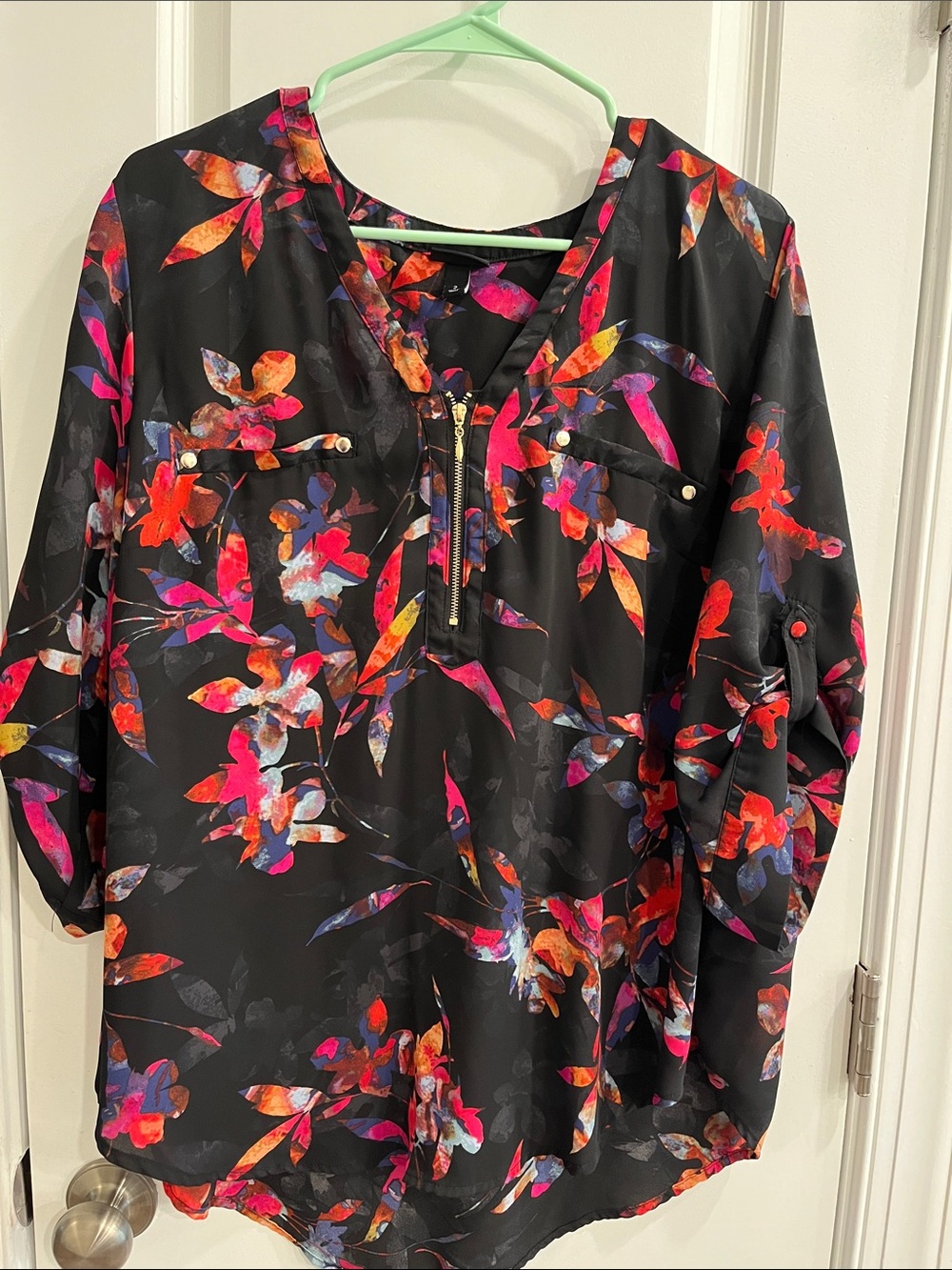 torrid Harper Black V-Neck Blouse with Vibrant Floral Zip